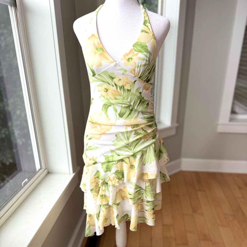Vintage 90s Trixxi White Yellow Tropical Floral Mesh Asymmetric Halter Dress S